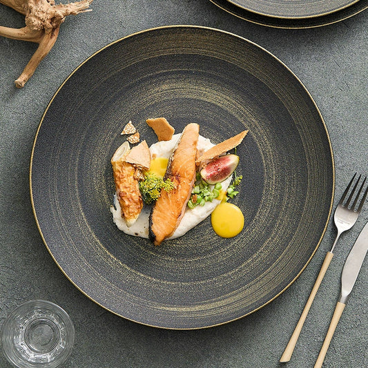 Luxury Black & Gold Ceramic Dinner Plate – Wujin Sand Textured Matte Glaze Fine Dining Tableware-1