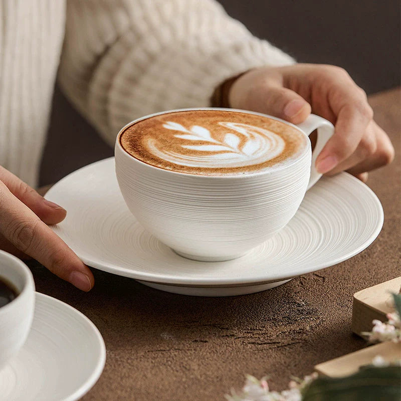Artisan White Coffee Cup & Ceramics Set with Brushed Texture – Elegant Everyday Tableware-2