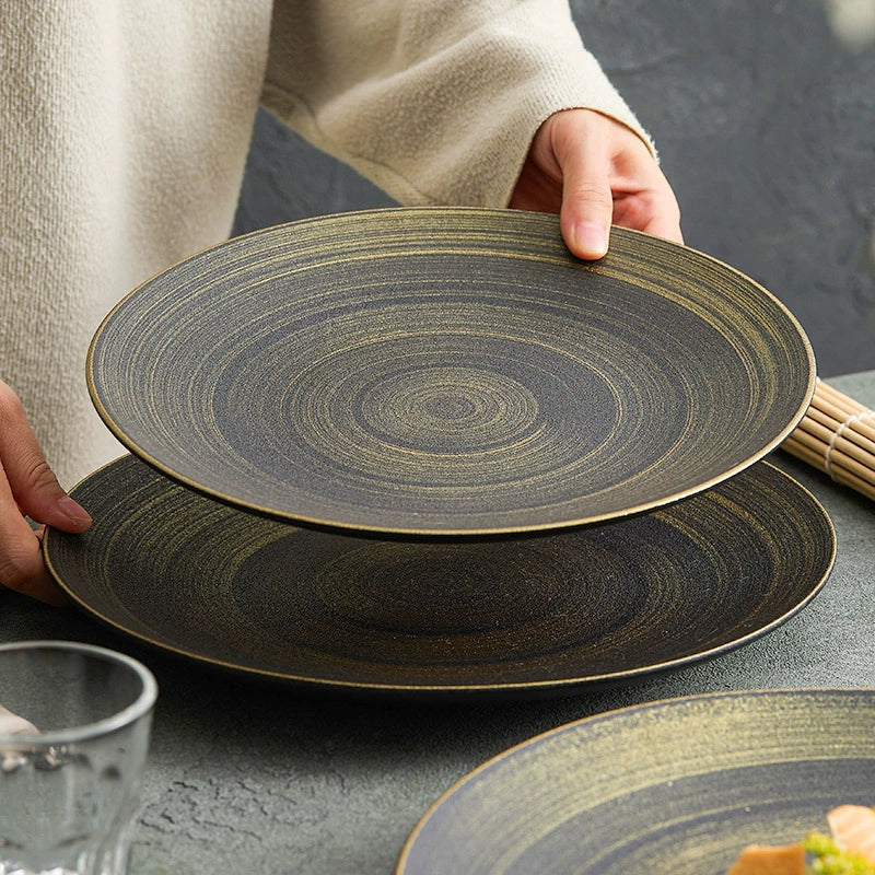 Luxury Black & Gold Ceramic Dinner Plate – Wujin Sand Textured Matte Glaze Fine Dining Tableware-4